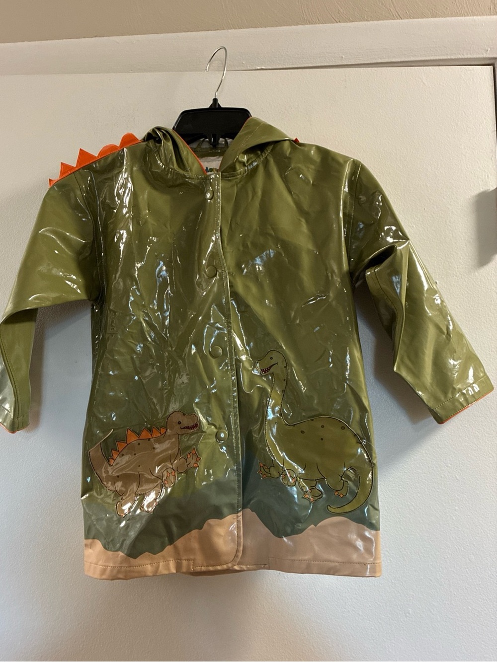Kidorable Olive Green Dinosaur Raincoat with Orange Spike Detail